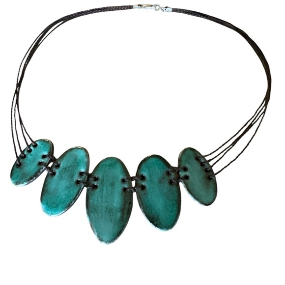 Artisan Handmade Teal Ceramic Statement Necklace Brazilian Jewelry 17" - Picture 3 of 7